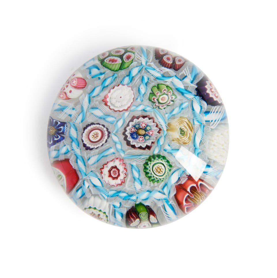 CLICHY BARBER POLE MILLEFIORI GLASS PAPERWEIGHT, France, ht. 1 3/4, dia. 2 3/4 in. (1 of 1)