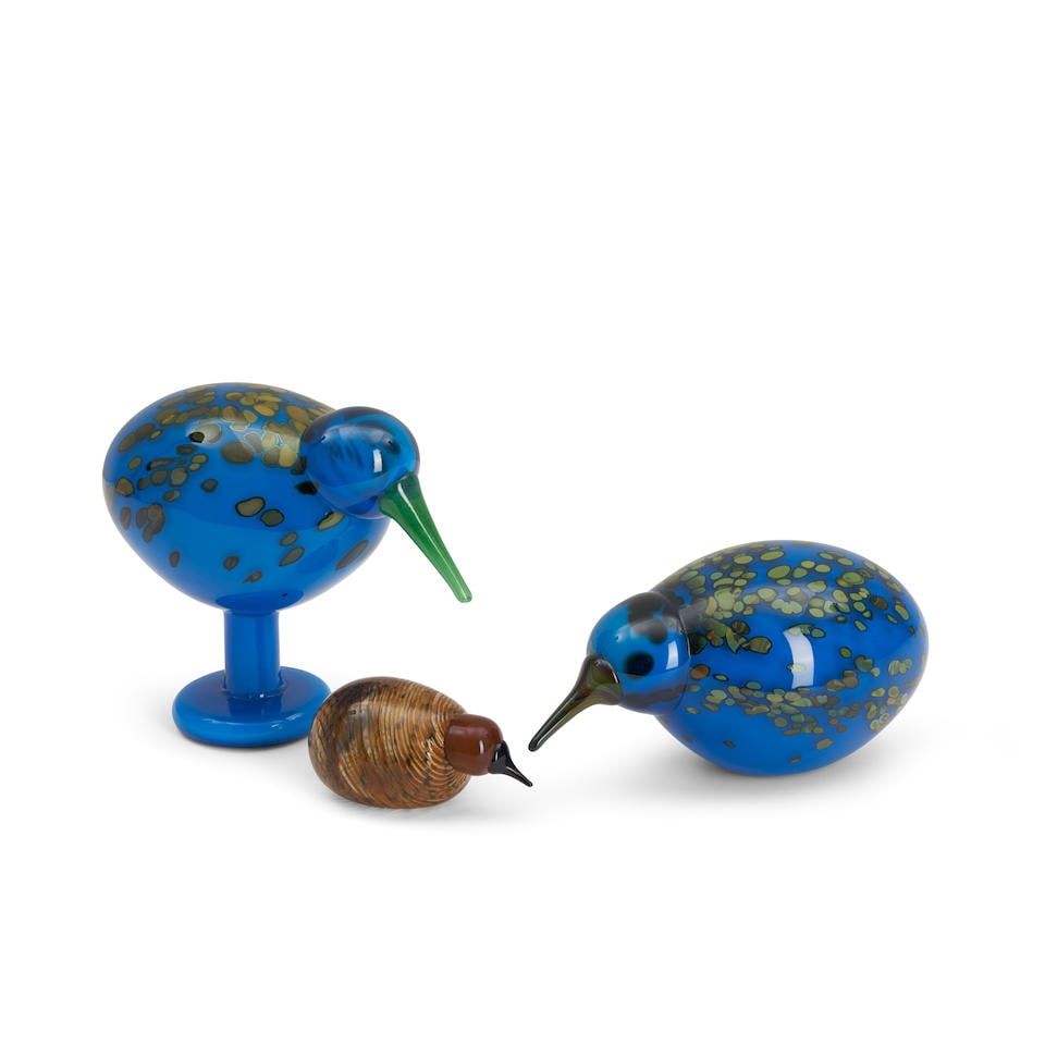 THREE OIVA TOIKKA FOR IITTALA GLASS KIWI BIRDS, Finland, early 21st century, resting kiwi, acid-... (1 of 1)