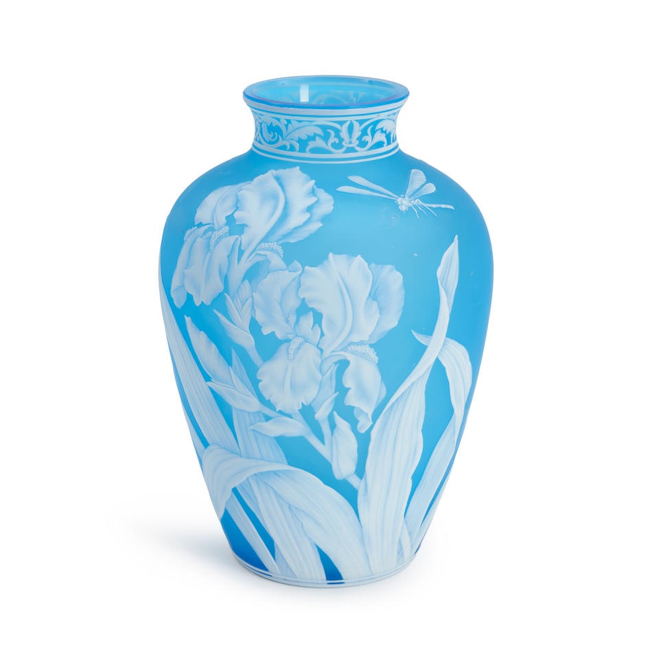 CAMEO GLASS VASE ATTRIBUTED TO THOMAS WEBB, c. 1900, decorated with German irises and morning gl...: CAMEO GLASS VASE ATTRIBUTED TO THOMAS WEBB, c. 1900, decorated with German irises and morning glories, unmarked, ht. 10 in. For further information on this lot please visit Bonhams.com For further inf