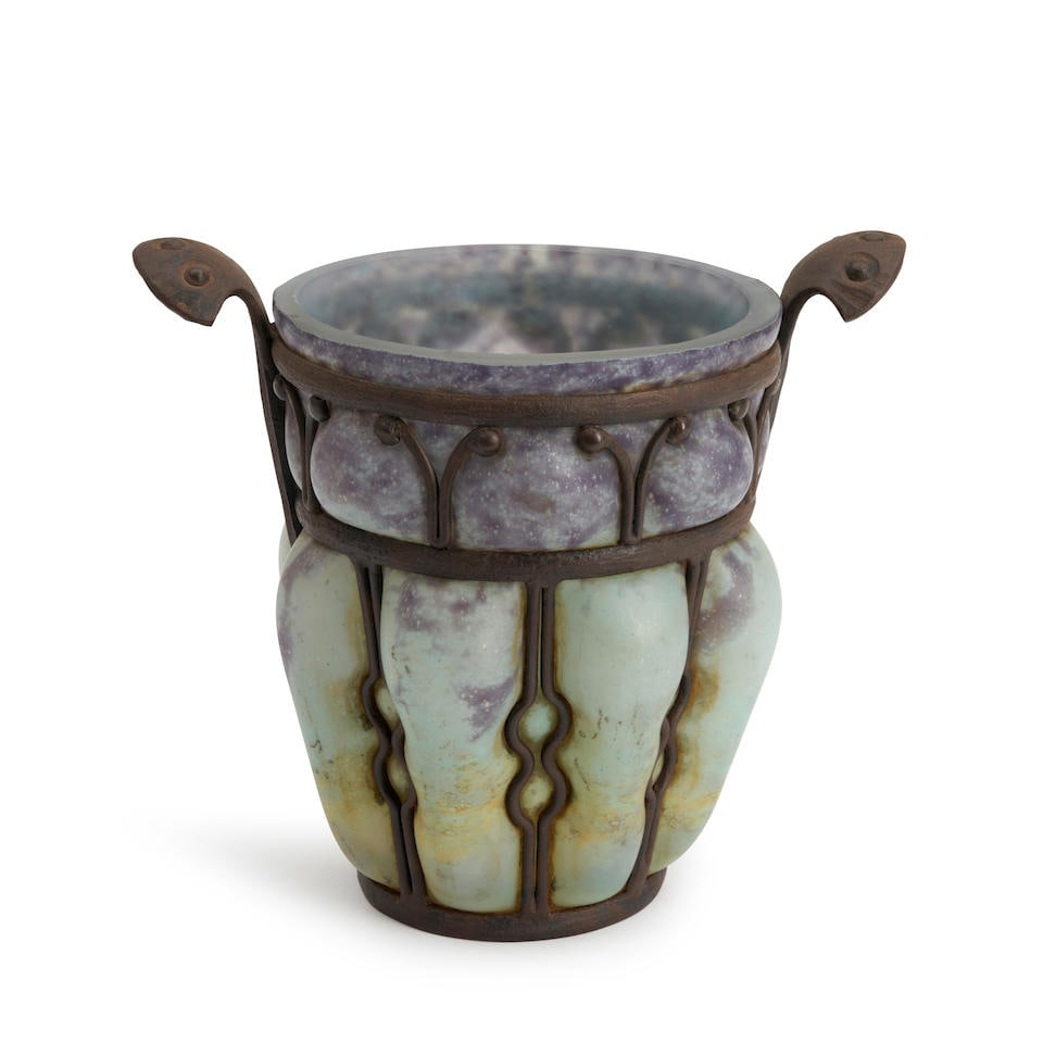 DAUM AND LOUIS MAJORELLE GLASS AND WROUGHT IRON VASE, Nancy, France, c. 1920, incised marks 'L. ... (1 of 4)
