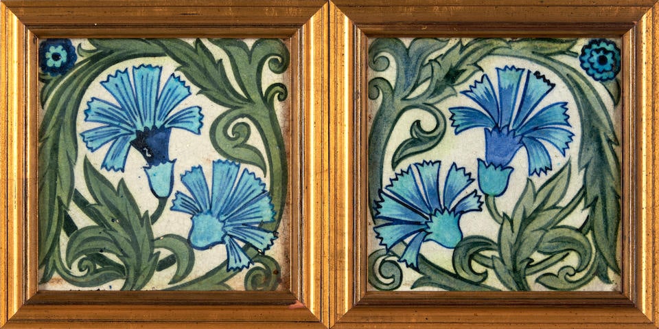 TWO WILLIAM DE MORGAN 'CARNATION' TILES, England, late 19th/early 20th century, on red clay Arch... (1 of 4)
