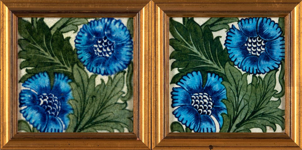 TWO WILLIAM DE MORGAN 'K L ROSE' TILES, England, 1882-1888, both with impressed stamp Merton Abb... (1 of 4)