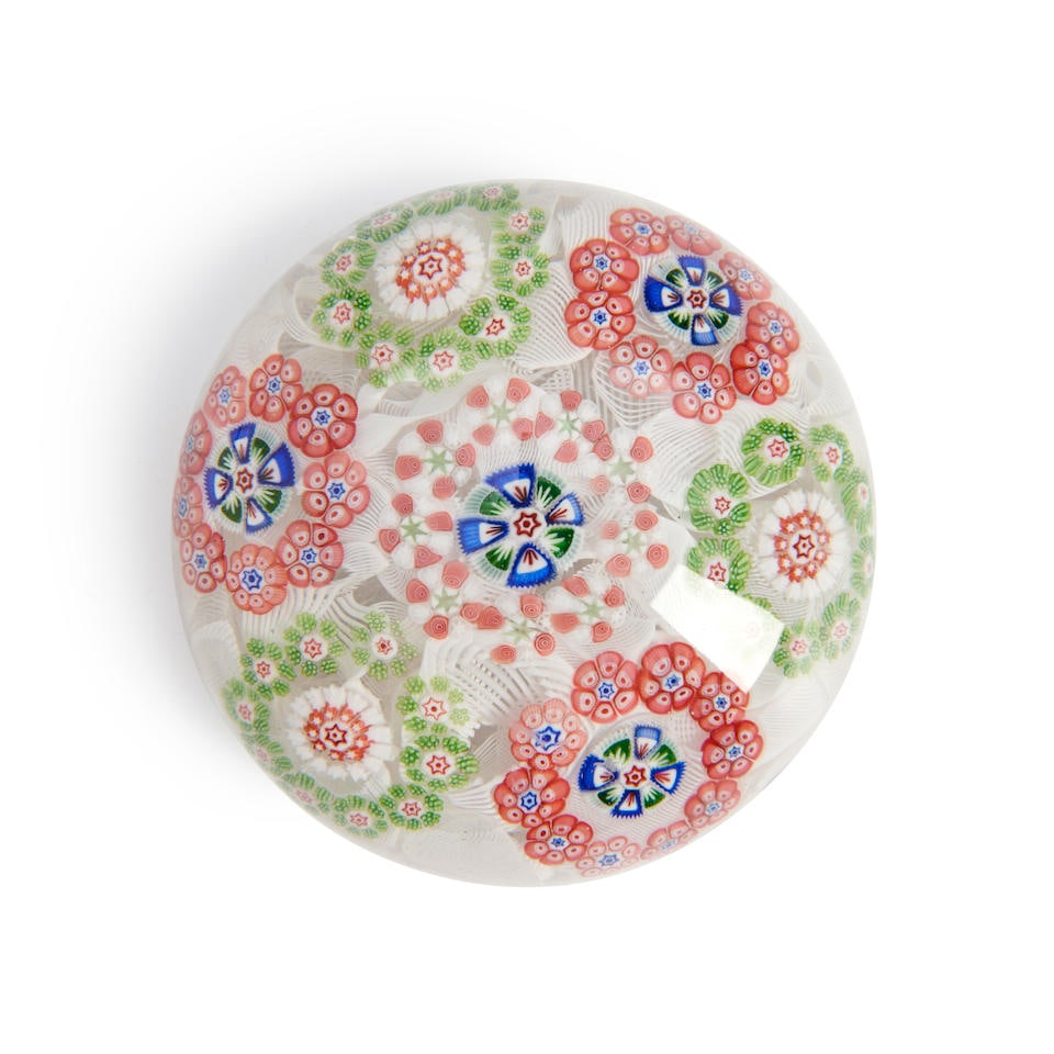 BACCARAT MILLEFIORI CIRCLETS GLASS PAPERWEIGHT, France, green and pink circles on upset muslin g... (1 of 1)