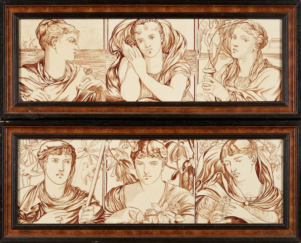 SIX MINTON, HOLLINS & CO. PRE-RAPHAELITE FIGURAL TILES, Stoke-on-Trent, c. 1880, molded maker's ... (1 of 4)