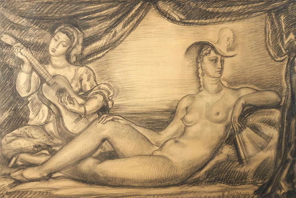 RENE BUTHAUD (1886-1986) STUDY DEPICTING A RECLINING NUDE, France, c. 1935, charcoal and graphit...: RENE BUTHAUD (1886-1986) STUDY DEPICTING A RECLINING NUDE, France, c. 1935, charcoal and graphite on paper, visible gridlines, signed 'R. Buthaud' l.r., sight 25 1/4 X 38, framed, 37 x 47 1/2 in. Note