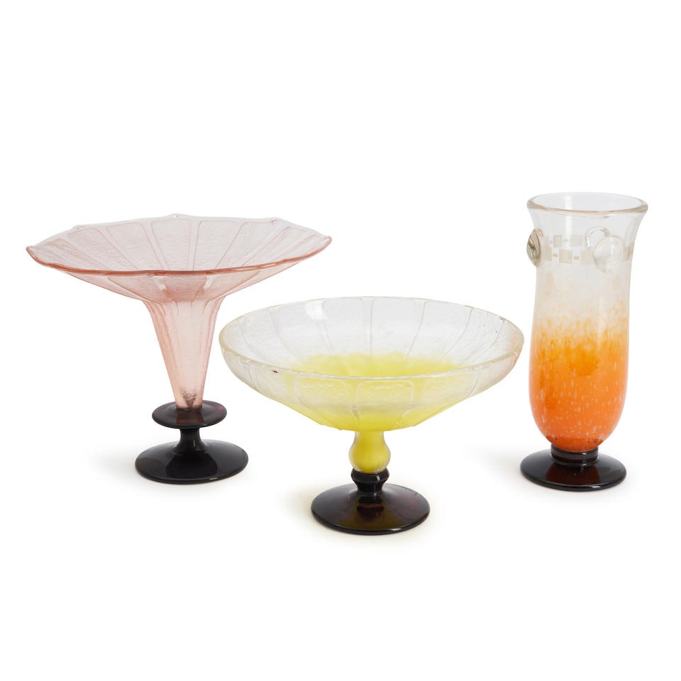 THREE CHARLES SCHNEIDER LE VERRE FRANCAIS GLASS ITEMS, France, c. 1925, all with acid-etched mar... (1 of 1)