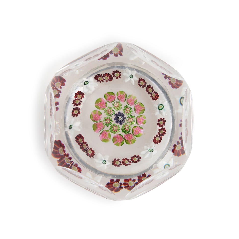 FRENCH FACETED GLASS PAPERWEIGHT WITH MILLEFIORI CIRCLES, ht. 1 1/2, dia. 2 1/4 in. (1 of 1)