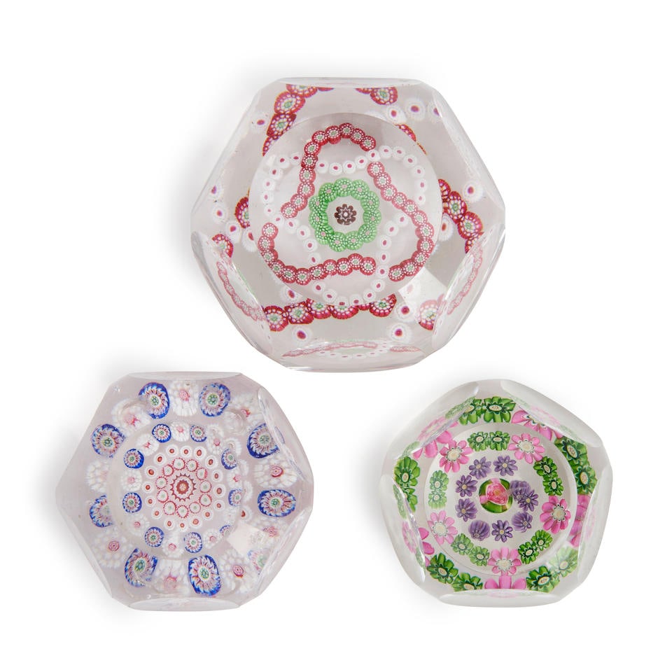 THREE FACETED PATTERNED MILLEFIORI GLASS PAPERWEIGHTS, France, paperweight with entwined garland... (1 of 1)