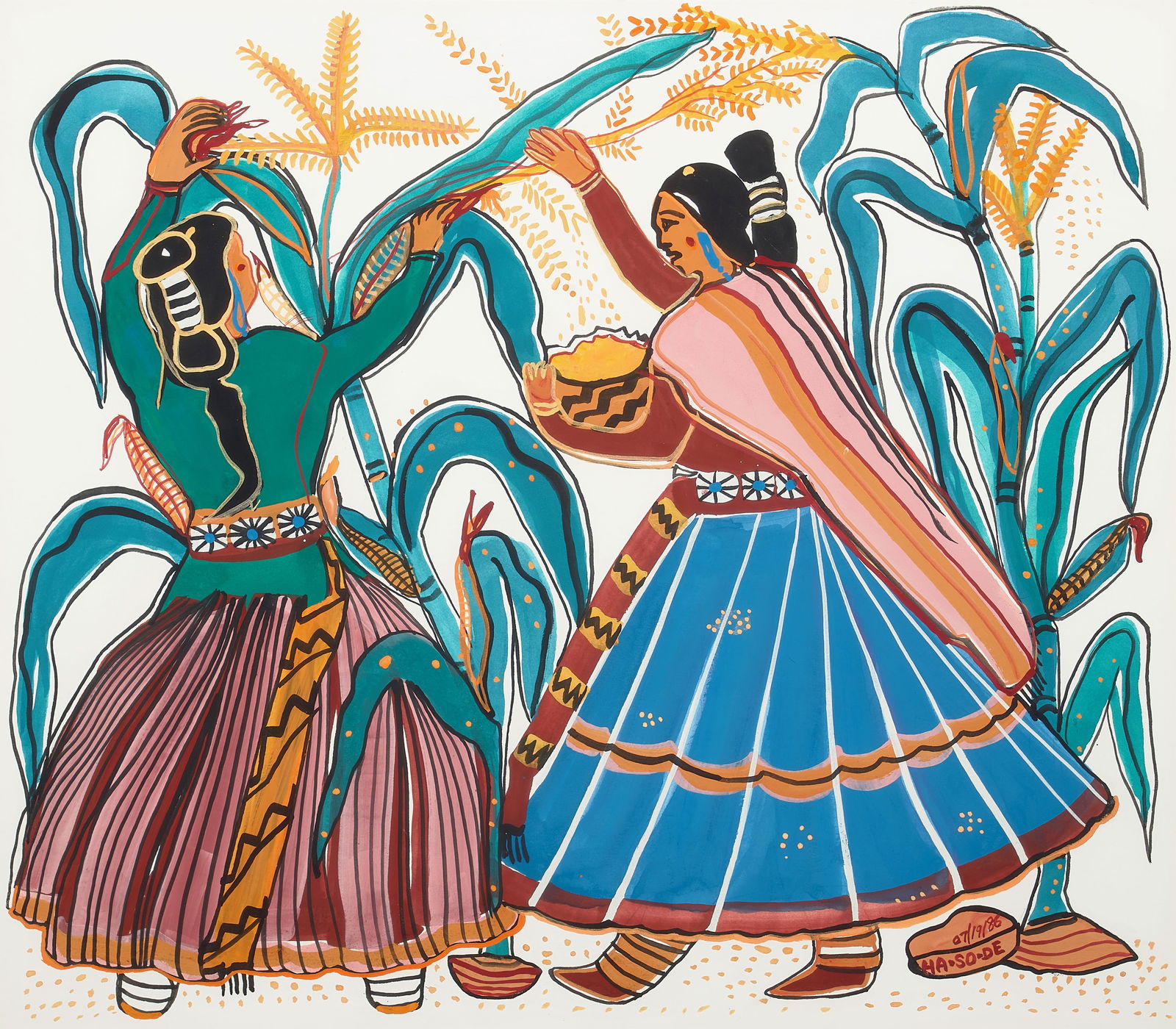 A Ha-So-De (Narciso Abeyta) painting, 'Gathering Fertility Pollen,' 1986: Ha-So-De (Narciso Abeyta) Diné (Navajo), (1918-1998), 'Gathering Fertility Pollen,' 1986, gouache on paper framed under Plexiglas, signed and dated lower right: Ha-So-De. sight: height 20in, widt