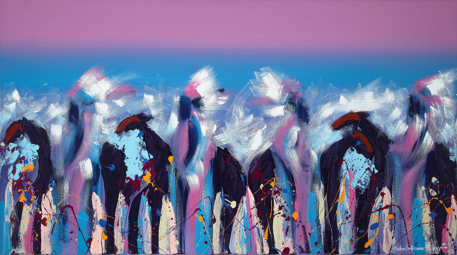 A Pablo Antonio Milan painting, 'Ghost Riders,' 1989: Pablo Antonio Milan American, (1961-2016), 'Ghost Riders,' 1989, acrylic on canvas, signed lower right: Pueblo Antonio Milan. height 28in, width 50in Footnotes: Provenance Purchased by the present own