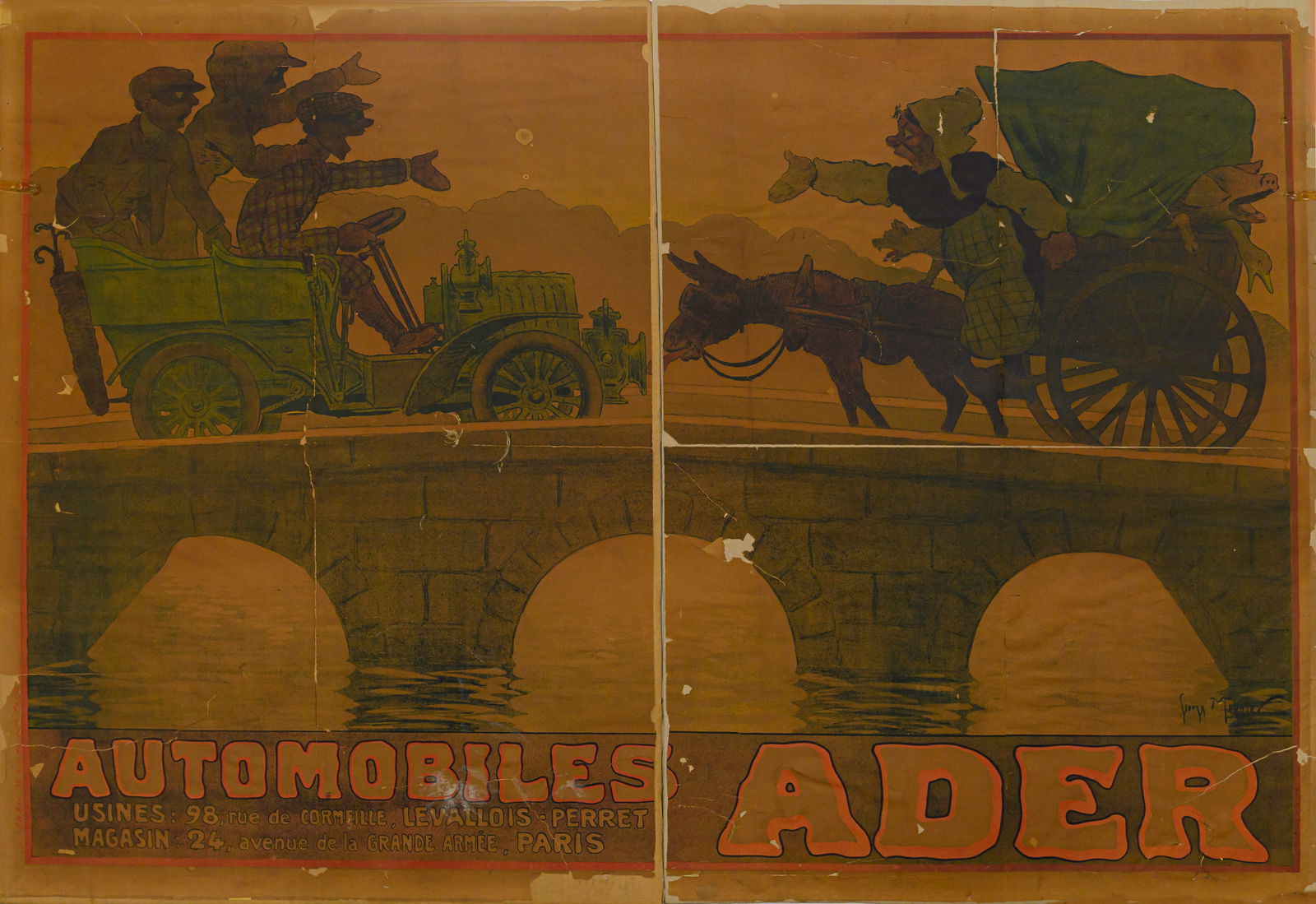 Ader Automobiles Advertising Poster, after Georges Meunier, ca. 1903: Ader Automobiles Advertising Poster after Georges Meunier, ca. 1903 Printed on paper by Imp. Chaix, Paris. Laid to linen. Lot to be sold without reserve.