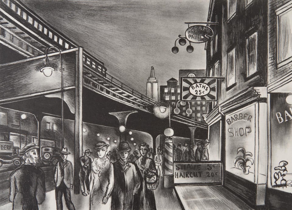 Ernest Fiene (German, 1894-1965); End of the Bowery;: Ernest Fiene (German, 1894-1965) End of the Bowery (Coven 70), 1933 Lithograph on 'BFK' watermarked paper; numbered, signed, and dated '1/50...Ernest Fiene 33' in pencil on the lower margin; unframed.