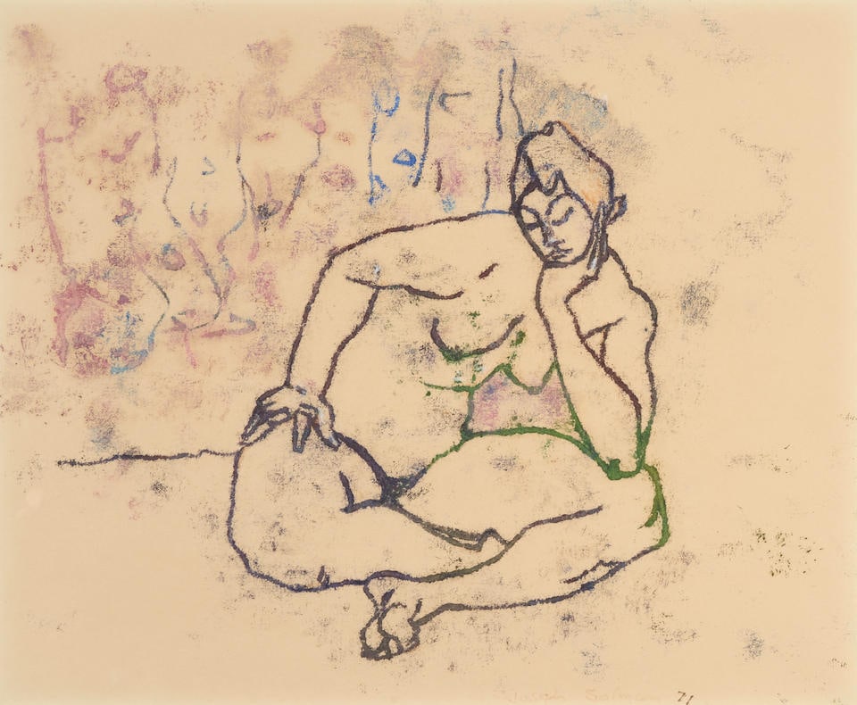 Joseph Solman (American, 1909-2008); Seated Nude;: Joseph Solman (American, 1909-2008) Seated Nude, 1971 Monotype on paper; signed 'Joseph Solman 71' in ink lower right; framed. sight 11 1/2 x 14 in. (29.2 x 35.6 cm) Footnotes: Provenance Acquired fr