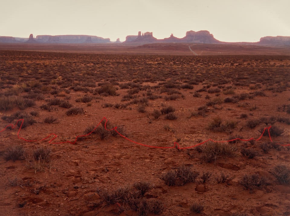 John Pfahl (1939-2020); Monument Valley with Red String, Monument Valley, Utah;: John Pfahl (1939-2020) Monument Valley with Red String, Monument Valley, Utah, 1977 Chromogenic print; signed and dated 'Pfahl' in ink on the verso. 7 x 9 in. (17.8 x 22.9 cm) sheet 8 x 10 in. (20.4 x