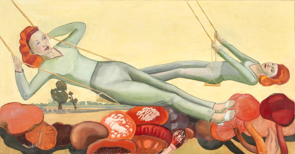 ROSA LOY (German, born 1958) Die Schaukel framed 109.0 x 199.5 x 4.5 cm (42 7/8 x 78 1/2 x 1 3/...: ROSA LOY (German, born 1958) Die Schaukel signed and dated 'Loy 01' (lower right) casein on canvas 100.0 x 190.0 cm (39 3/8 x 74 13/16 in). framed 109.0 x 199.5 x 4.5 cm (42 7/8 x 78 1/2 x 1 3/4 in).