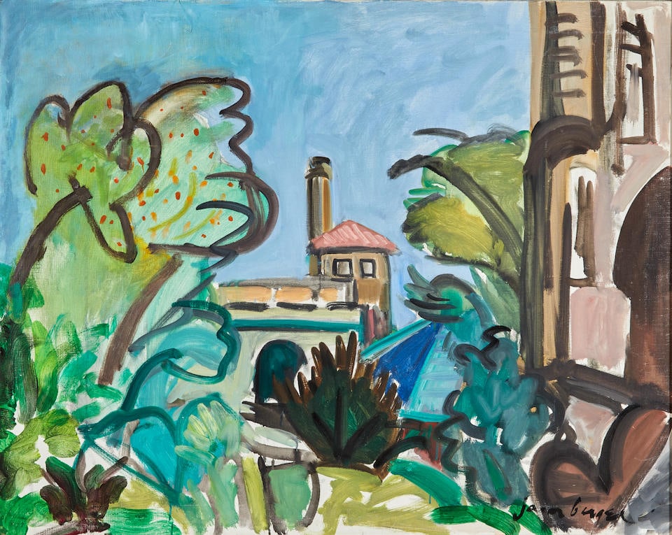 JASON BERGER (American, 1924-2010) Landscape framed 79.0 x 97.5 x 3.0 cm (31 1/8 x 38 3/8 x 1 3/...: JASON BERGER (American, 1924-2010) Landscape signed 'Jason Berger' (lower right); inscribed 'Cleveland Circle' (on the stretcher) oil on canvas 73.6 x 93.4 cm (29 x 36 3/4 in). framed 79.0 x 97.5 x 3.