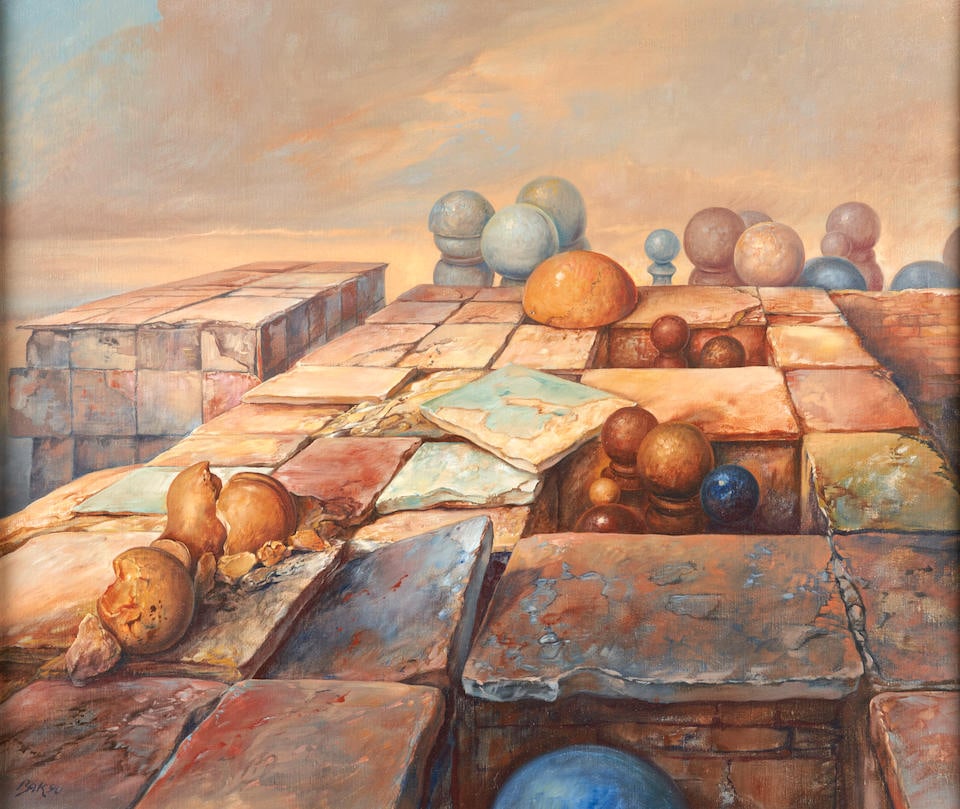 SAMUEL BAK (Israeli/American, born 1933) Moment of Rest (framed 64.0 x 73.0 x 6.5 cm (25 3/16 x ...: SAMUEL BAK (Israeli/American, born 1933) Moment of Rest signed 'BAK 90' (lower left); titled (on the stretcher) oil on linen 46.5 x 55.0 cm (18 5/16 x 21 5/8 in). framed 64.0 x 73.0 x 6.5 cm (25 3/16