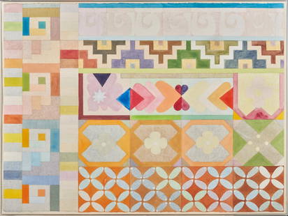 JOYCE KOZLOFF (American, born 1942) Tepoztlán II (framed 58.4 x 76.5 x 3.2 cm (23 x 30 1/8 ...: JOYCE KOZLOFF (American, born 1942) Tepoztlán II signed, titled, and dated 'Joyce Kozloff... / 1973' (on the strainer); with a label from Tibor de Nagy Gallery, New York (affixed to the strainer)