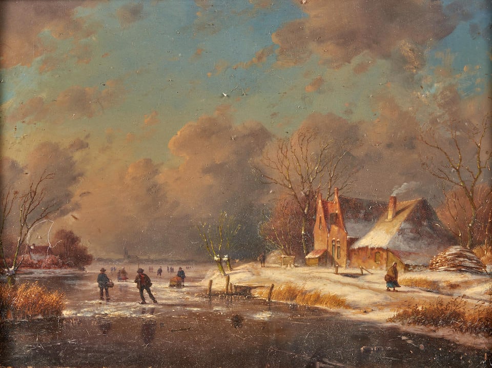 Attributed to Charles Henri Joseph Leickert (Dutch, 1816-1907) Skating on a Frozen River (framed...: Attributed to Charles Henri Joseph Leickert (Dutch, 1816-1907) Skating on a Frozen River unsigned; attributed on a presentation plaque oil on panel 23.5 x 40.0 cm (9 1/4 x 15 3/4 in). framed 45.0 x 55