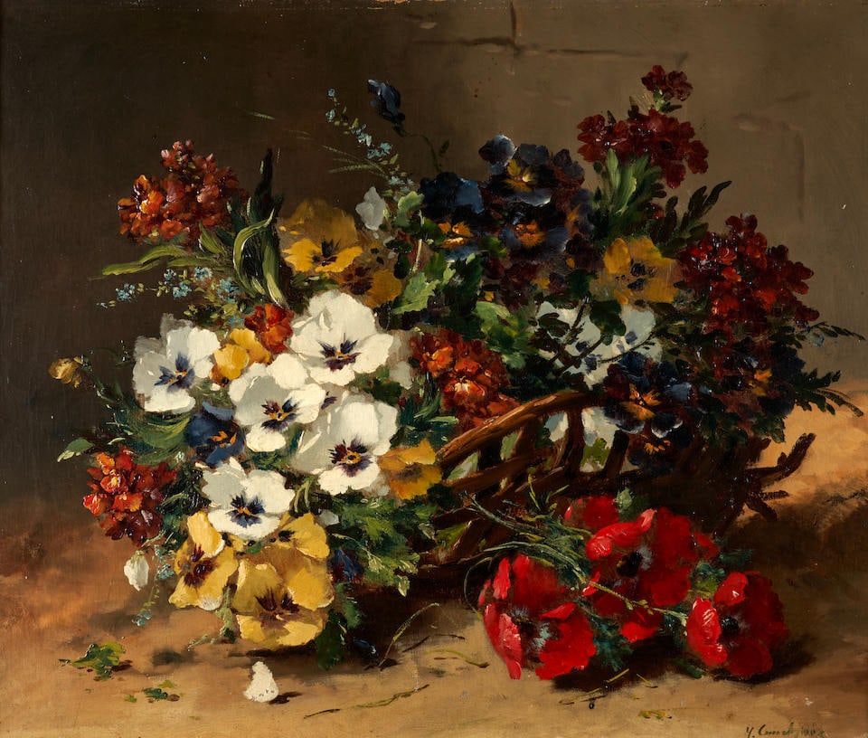 ÈUGENE HENRI CAUCHOIS (French, 1850-1911) A Still Life of Flowers in a Wicker Basket (frame... (1 of 4)