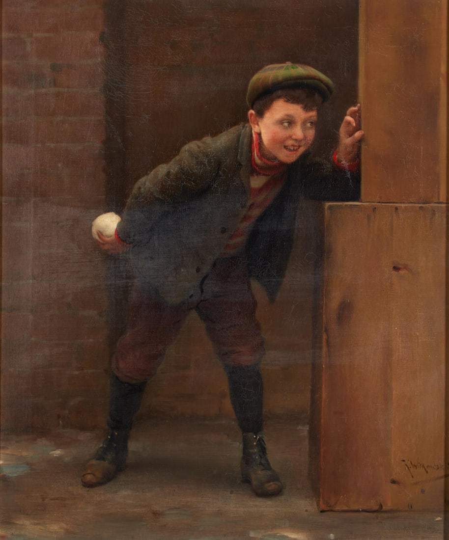 KARL WITKOWSKI (Polish/American, 1860-1910) The Snowball Fight (framed 90.0 x 80.0 x 9.0 cm (35 ... (1 of 4)