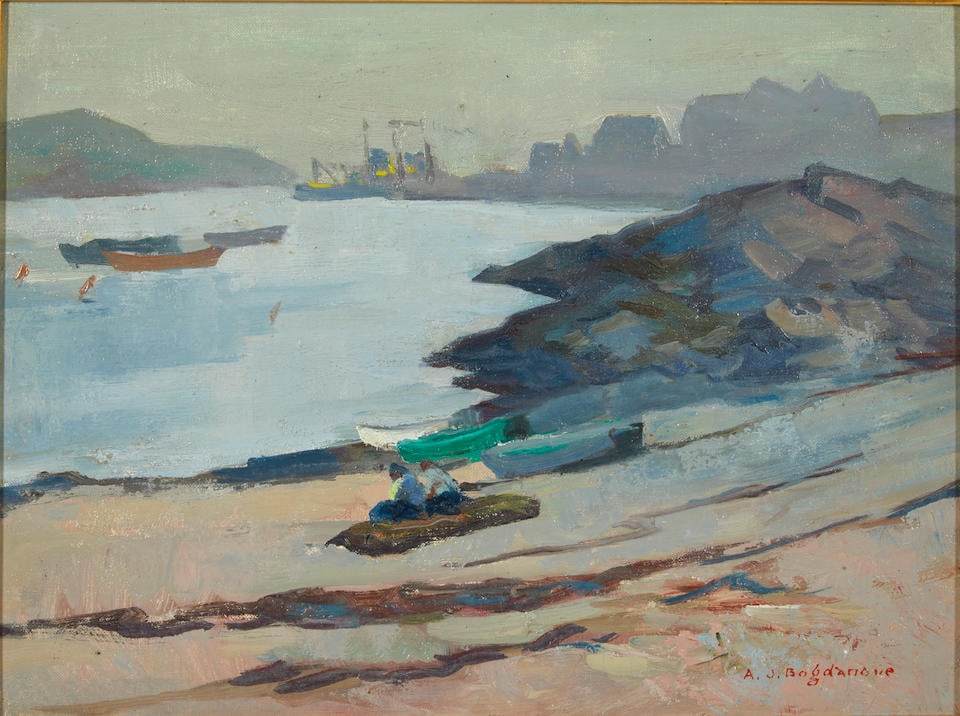 ABRAHAM JACOB BOGDANOVE (Russian/American, 1887-1946) At the Beach (framed 46.3 x 56.5 x 4 cm (1...: ABRAHAM JACOB BOGDANOVE (Russian/American, 1887-1946) At the Beach signed 'A. J. Bogdanove' (lower right) oil on board 30.0 x 41.0 cm (11 13/16 x 16 1/8 in). framed 46.3 x 56.5 x 4 cm (18 3/16 x 22 1/