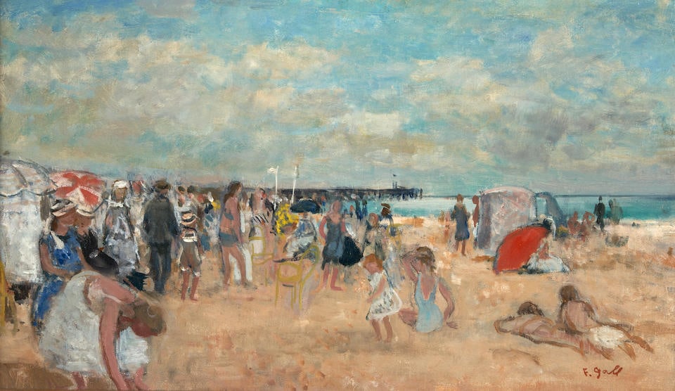 FRANÇOIS GALL (French, 1912-1987) La Plage à Trouville (framed 45.5 x 64.8 x 8.0 cm (...: FRANÇOIS GALL (French, 1912-1987) La Plage à Trouville signed 'F. Gall' (lower right); with a gallery label from Linda Bernell Gallery and a fragmentary gallery label (both affixed to the re