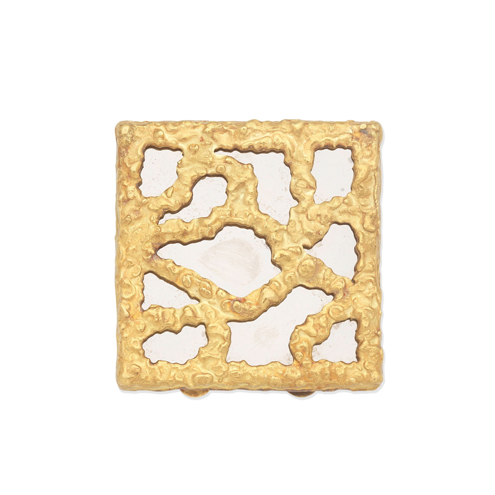 GRIMA: BELT BUCKLE: GRIMA: BELT BUCKLE The organic, textured design on a reflective white metal ground, signed GRIMA, length 5.6cm