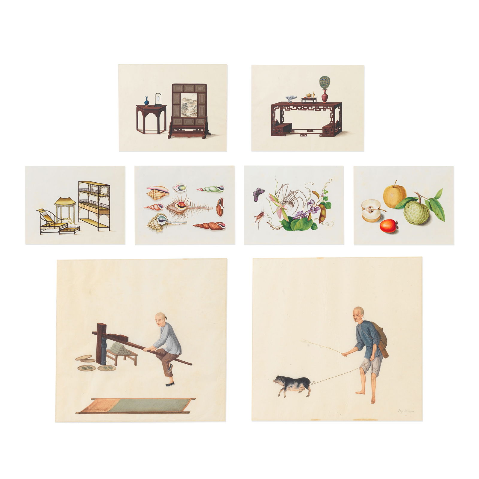 LAMQUA (CIRCA 1860); AND OTHERS Various Subjects (8): LAMQUA (CIRCA 1860); AND OTHERS Various Subjects Comprising: a pair of paintings of interior scenes depicting screens and tables filled with antiques; a set of four works by Lamqua variously depicting