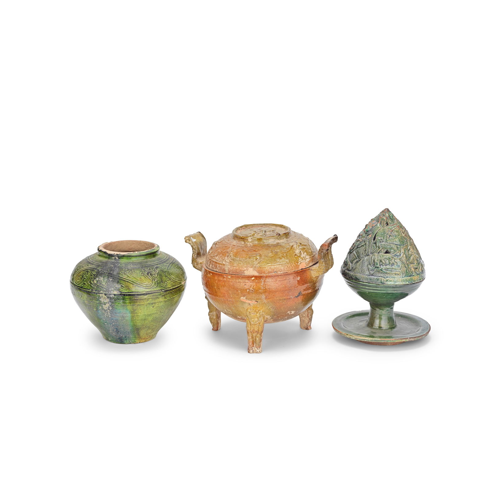 A GREEN-GLAZED POTTERY INCENSE BURNER AND COVER, BOSHANLU, A GLAZED RITUAL POTTERY FOOD VESSEL, ... (1 of 1)