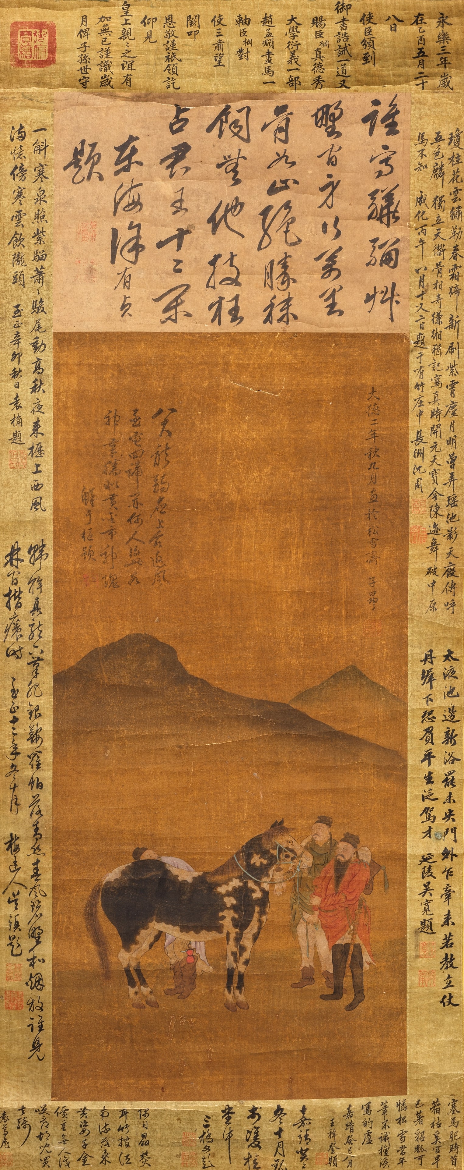 FOLLOWER OF ZHAO MENGFU (1254-1319); FOLLOWER OF XIANYU SHI (1246-1302) Horse and Grooms: FOLLOWER OF ZHAO MENGFU (1254-1319); FOLLOWER OF XIANYU SHI (1246-1302) Horse and Grooms Ink and colour on silk. Apocryphally dated 1298 Colophons on mounting border inscribed by by followers of Xu Yo