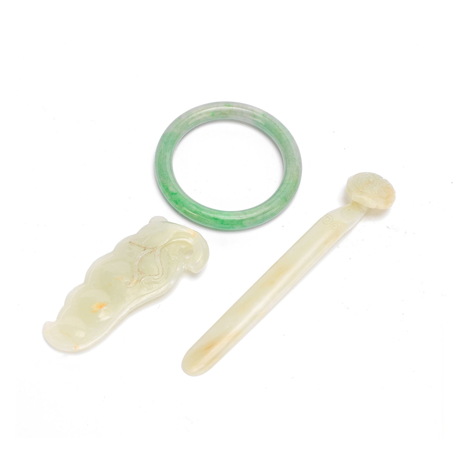 A JADEITE BANGLE, A JADE HAIRPIN AND A PENDANT Late Qing to 20th century (3) (1 of 1)