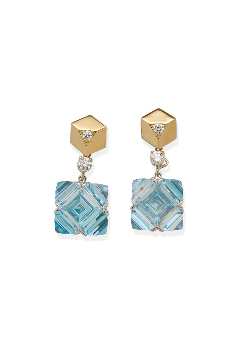 PAOLO COSTAGLI |PAIR OF BLUE TOPAZ AND DIAMOND PENDENT EARRRINGS: PAOLO COSTAGLI |PAIR OF BLUE TOPAZ AND DIAMOND PENDENT EARRRINGS Designed with detachable inverted square step-cut blue topaz drops, estimated total weight 36.00 carats, suspended from a gold and diam