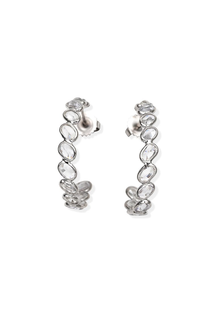 PAOLO COSTAGLI | PAIR OF SAPPHIRE HOOP EARRINGS: PAOLO COSTAGLI | PAIR OF SAPPHIRE HOOP EARRINGS Collet-set with oval-shaped white sapphires, weighing 2.89 carats, mounted in gold, length 3.0 cm For further information on this lot please visit Bonh