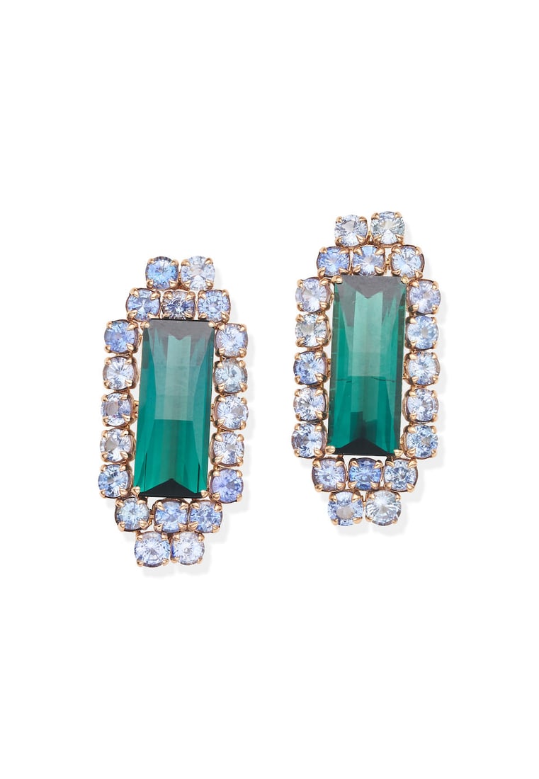 PAOLO COSTAGLI | PAIR OF TOURMALINE AND SAPPHIRE EARRINGS: PAOLO COSTAGLI | PAIR OF TOURMALINE AND SAPPHIRE EARRINGS Each set with a fancy cut indicolite tourmaline, estimated weight 8.50 carats, within an articulated border of circular-cut blue sapphires, si