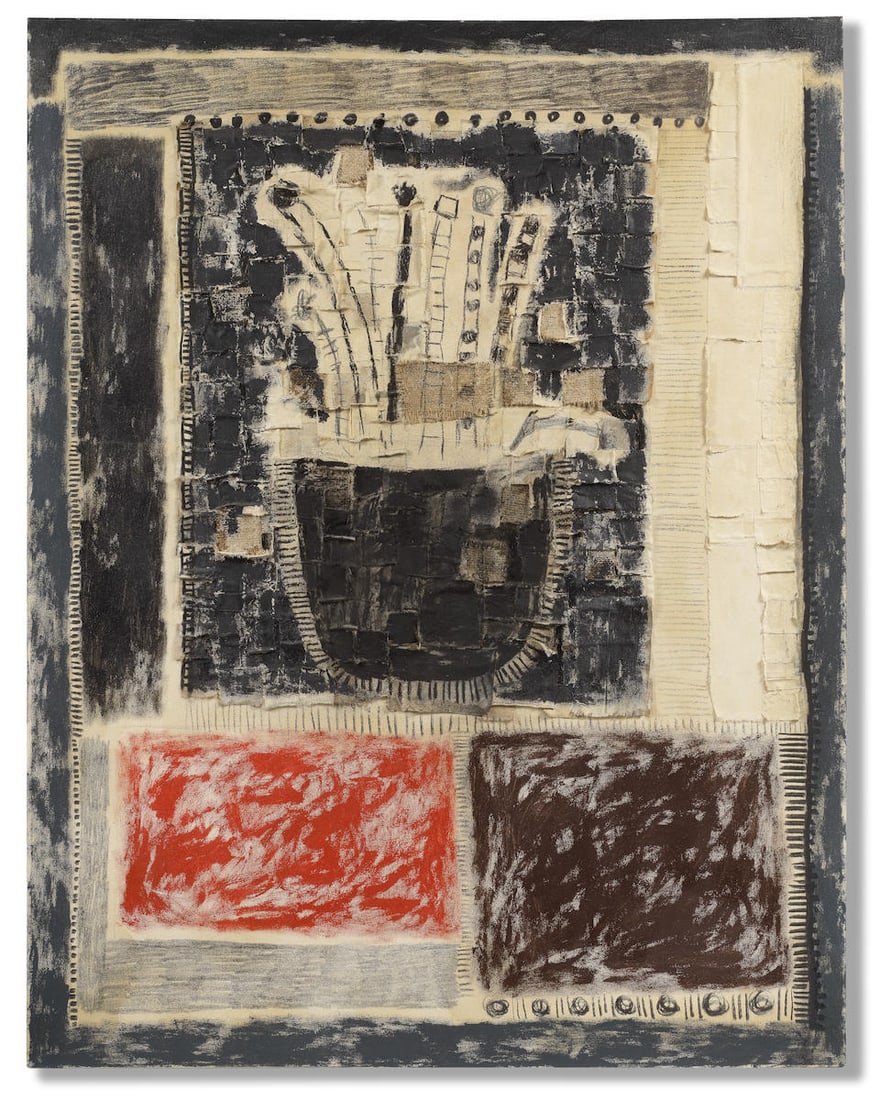 JUAN ROBERTO DIAGO (B. 1971) S/T 2004: JUAN ROBERTO DIAGO (B. 1971) S/T 2004 signed three times, titled, dated 2004 and inscribed Taller: El Cano on the reverse oil, charcoal, burlap and fabric collage on canvas 130.5 by 100 cm. 51 3/8 by