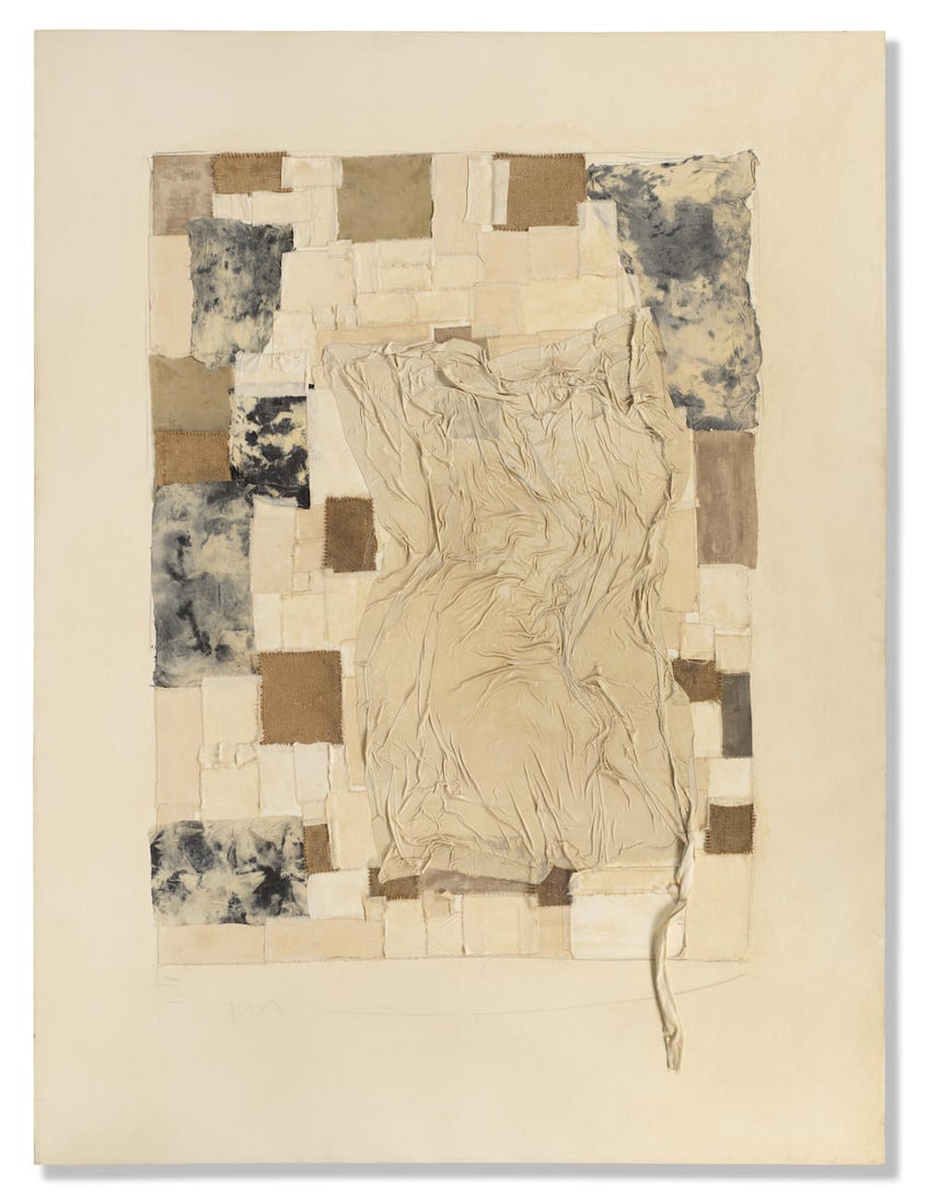 JUAN ROBERTO DIAGO (B. 1971) Composición I 2004: JUAN ROBERTO DIAGO (B. 1971) Composición I 2004 signed twice, titled, dated 2004 and inscribed Taller: El Cano on the reverse pencil and fabric collage on canvas 200 by 150 cm. 78 3/4 by 59 1/16