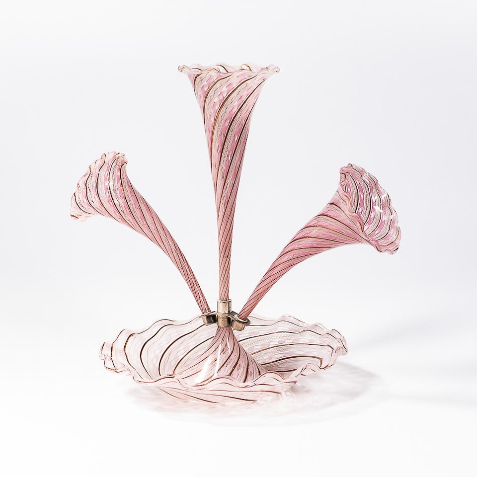 MURANO GLASS EPERGNE: MURANO GLASS EPERGNE early 20th century, unmarked, ht. 16 in. Footnotes: OVERALL CONDITION: Good. Central trumpet with rim chip. This condition report is provided for your convenience based on the opi