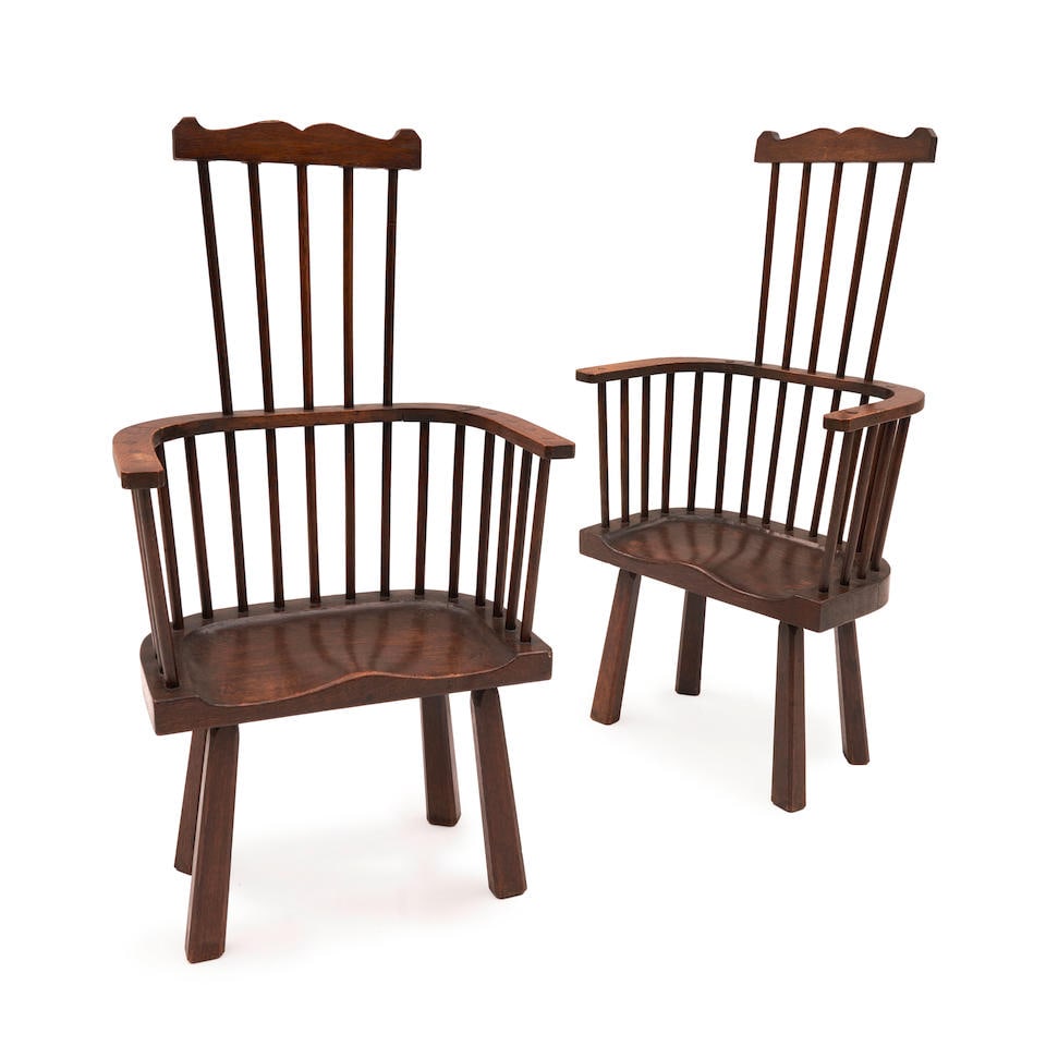 PAIR OF ARTS AND CRAFTS OAK COMB BACK ARMCHAIRS (1 of 1)