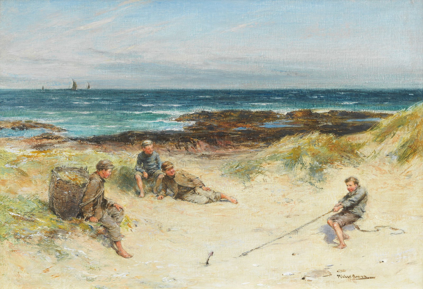 James Michael Brown (British, 1853-1947) A break from work, boys playing on a beach: James Michael Brown (British, 1853-1947) A break from work, boys playing on a beach signed 'Michael Brown' (lower right) oil on canvas 36 x 50.5cm (14 3/16 x 19 7/8in). This lot is subject to the foll