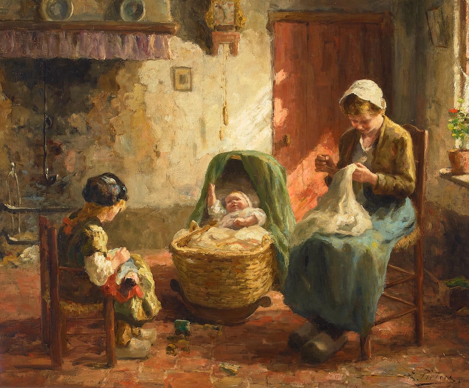 Evert Pieters (Dutch, 1856-1932) Interior scene with women sewing 24 1/2 x 29 3/4in (62.2 x 70.5cm): Evert Pieters (Dutch, 1856-1932) Interior scene with women sewing signed 'E. Pieters.' (lower right) oil on canvas 24 1/2 x 29 3/4in (62.2 x 70.5cm) For further information on this lot please visit Bo