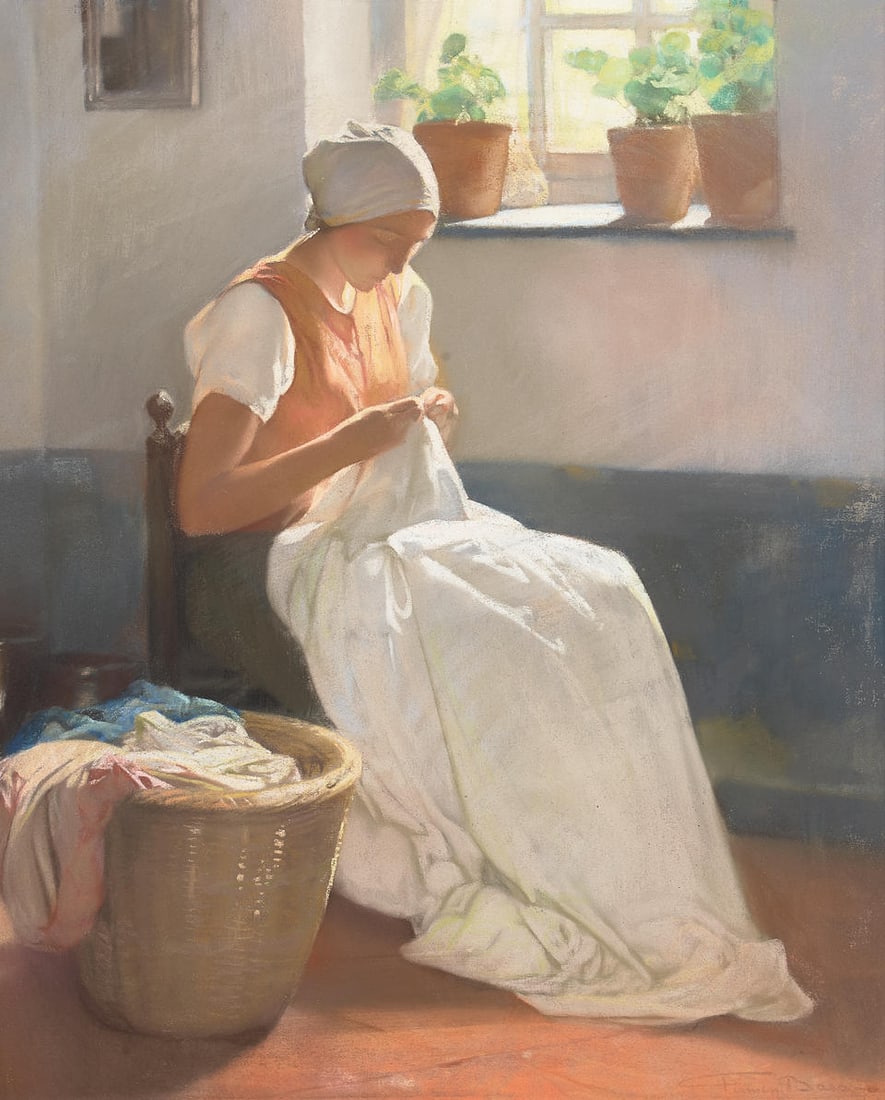 Firmin Baes (Belgian, 1874-1945) A woman sewing 23 x 19in (58.4 x 48.2cm) (sight): Firmin Baes (Belgian, 1874-1945) A woman sewing signed 'Firmin Baes' (lower right) pastel on board 23 x 19in (58.4 x 48.2cm) (sight) For further information on this lot please visit Bonhams.com For fu