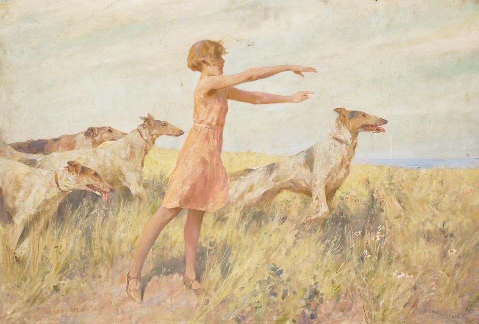Arthur Wardle RI (British, 1864-1949) A game of fetch 26 1/4 x 38in (66.7 x 96.5cm): Arthur Wardle RI (British, 1864-1949) A game of fetch signed 'ARTHUR WARDLE' (lower right) oil on canvas 26 1/4 x 38in (66.7 x 96.5cm) For further information on this lot please visit Bonhams.com For