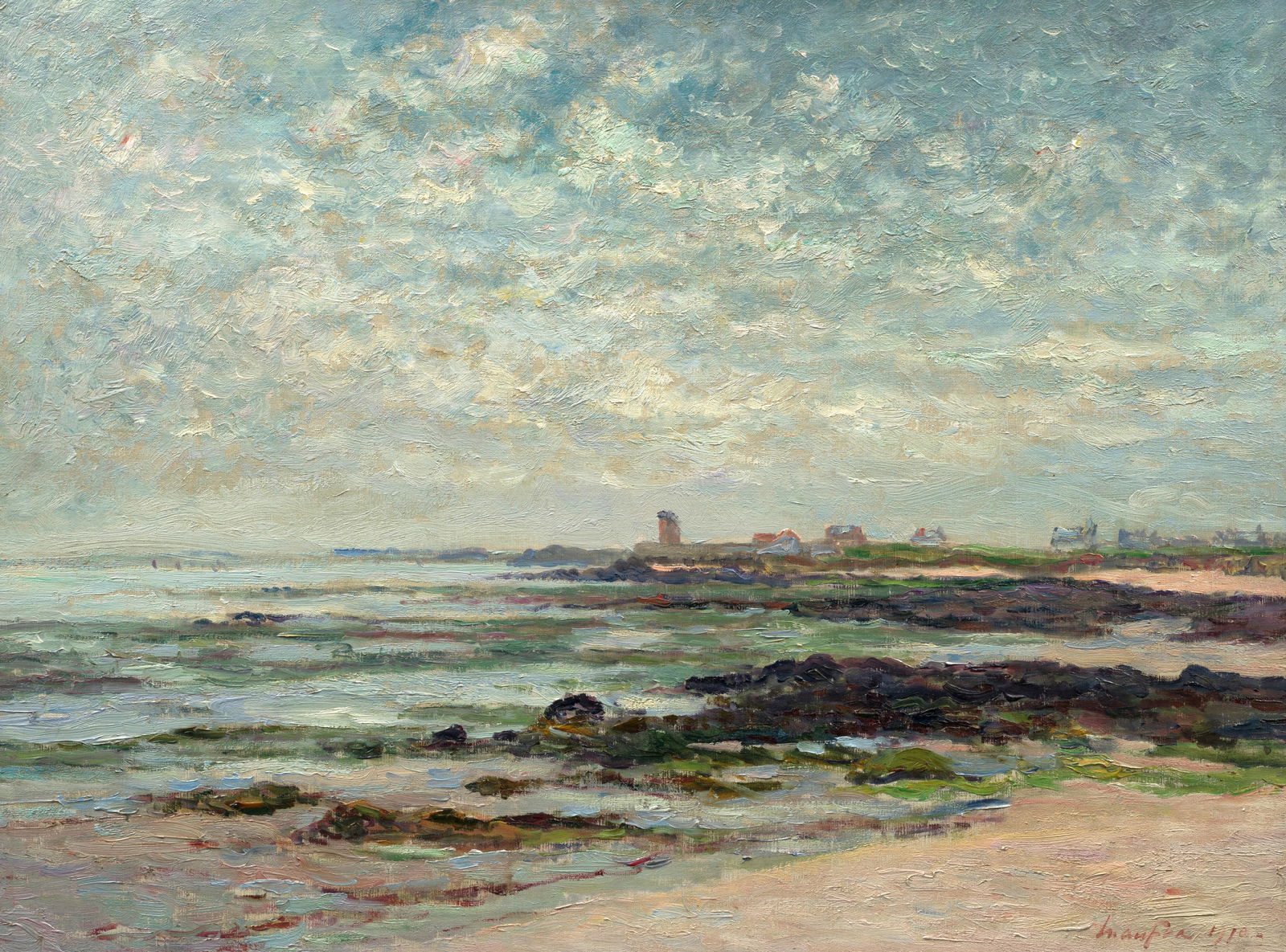MAXIME MAUFRA (1861-1918) Marée basse, baie de Quiberon 23 11/16 x 31 11/16 in (60.2 x 80.5...: MAXIME MAUFRA (1861-1918) Marée basse, baie de Quiberon signed and dated 'Maufra 1910.' (lower right); inscribed 'Marée basse (Baie de Quiberon)' (on the stretcher) oil on canvas 23 11/16 x