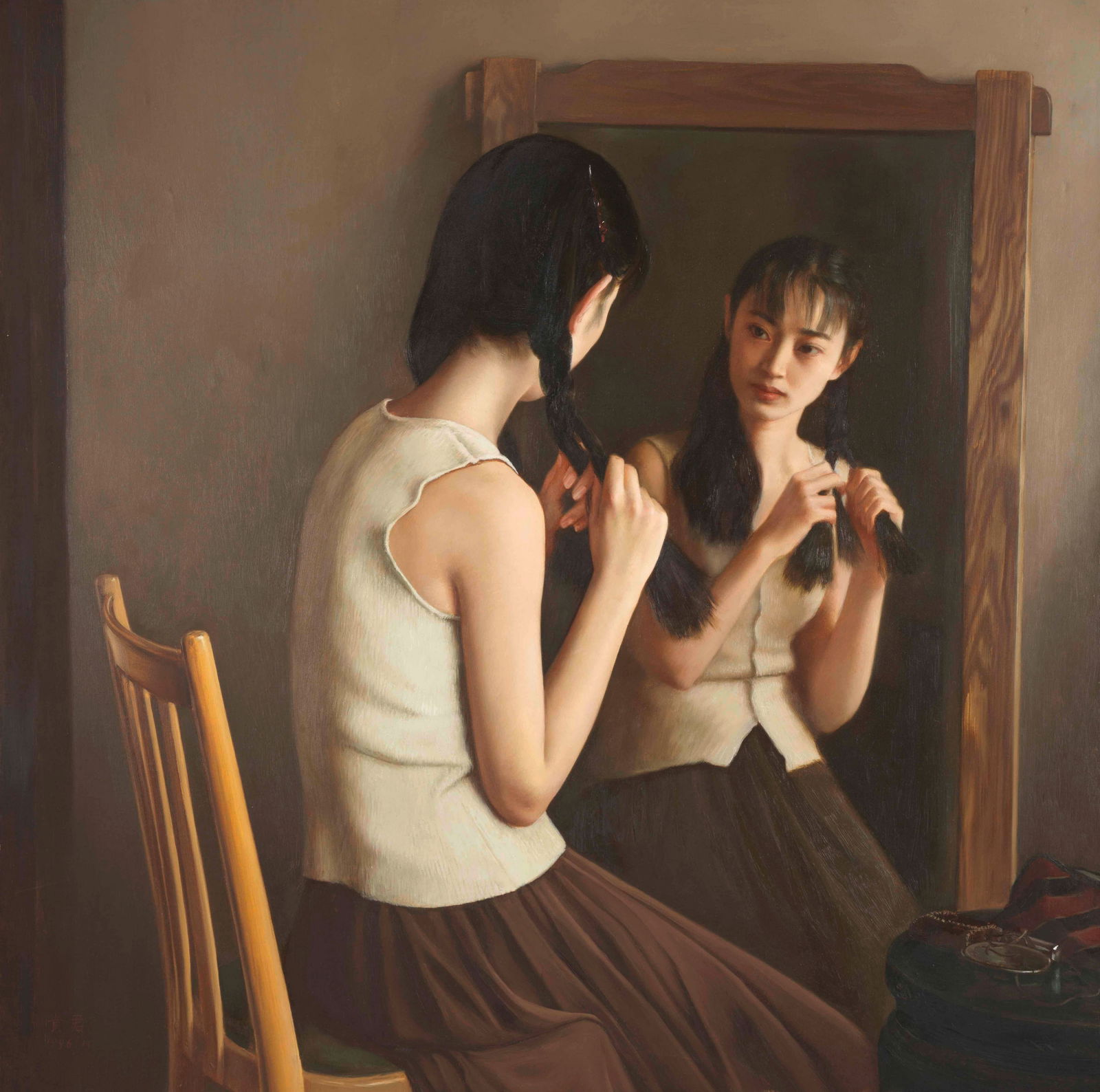 LI GUIJUN (B.1964) Getting Ready: LI GUIJUN (B.1964) Getting Ready Oil on canvas, signed in Chinese and dated 1996.11, framed. 80cm high × 80cm wide (31 1/2in high × 31 1/2in wide). Footnotes: 李貴君（