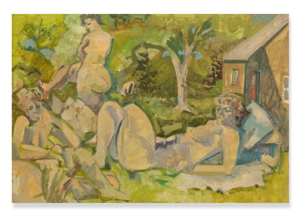 LOIS DODD (B. 1927) 3 Nudes and House 1998: LOIS DODD (B. 1927) 3 Nudes and House 1998 signed, titled and dated '98; signed, titled and incorrectly dated 1999 on the reverse oil on plywood 13 by 19 in. 33 by 48.3 cm. Footnotes: