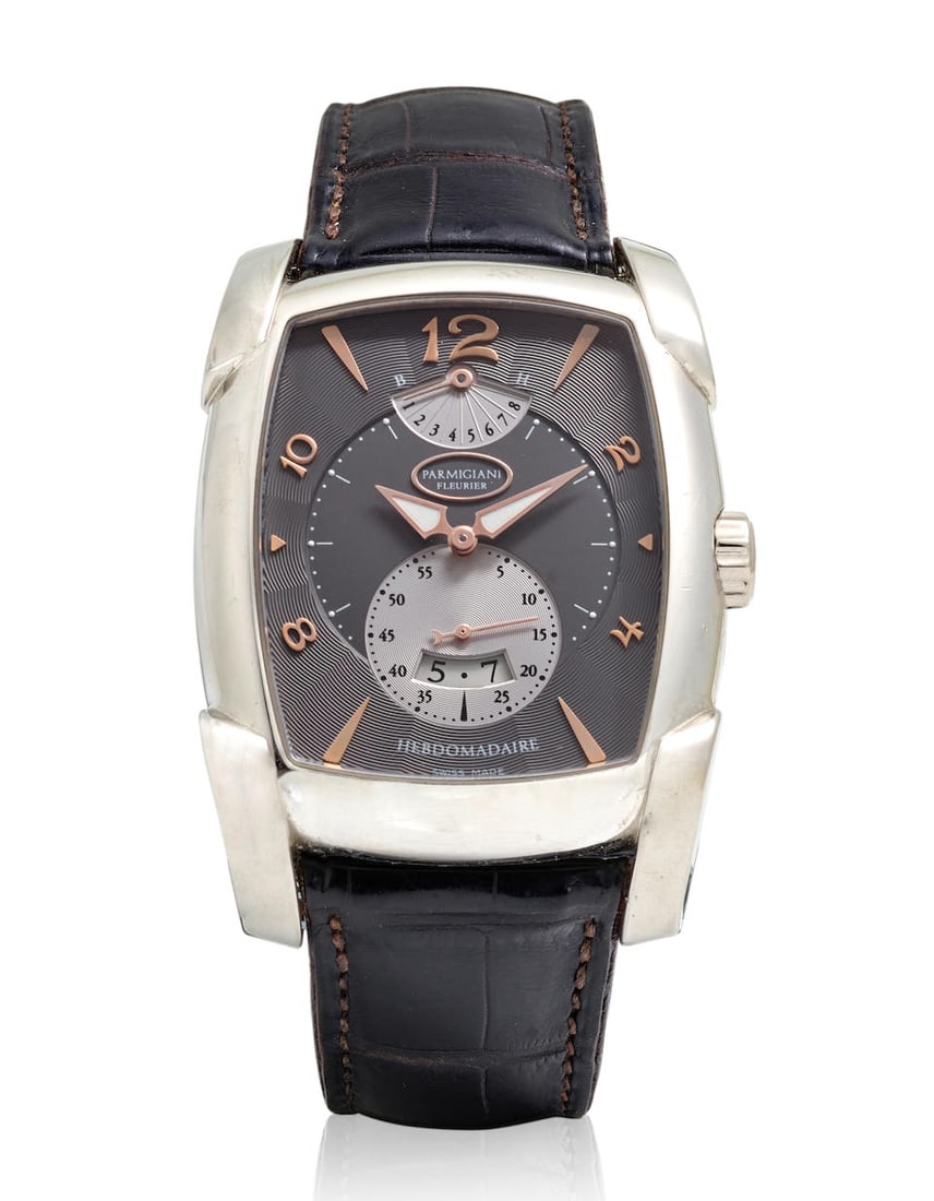 PARMIGIANI FLEURIER. A PALLADIUM MANUAL WIND CALENDAR WRISTWATCH WITH 8 DAY POWER RESERVE INDICA... (1 of 3)
