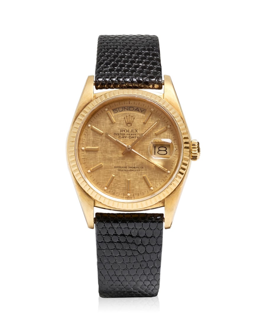 ROLEX. AN 18K GOLD AUTOMATIC CALENDAR WRISTWATCH Day-Date, Ref: 18038, c. 1984 (1 of 3)