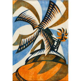 Sybil Andrews (1898-1992); The Windmill;: Sybil Andrews (1898-1992) The Windmill (Coppel SA 27), 1933 Linocut in colors on thin cream oriental tissue paper, signed in pencil and annotated 'EP' (an experimental proof, aside from the edition of