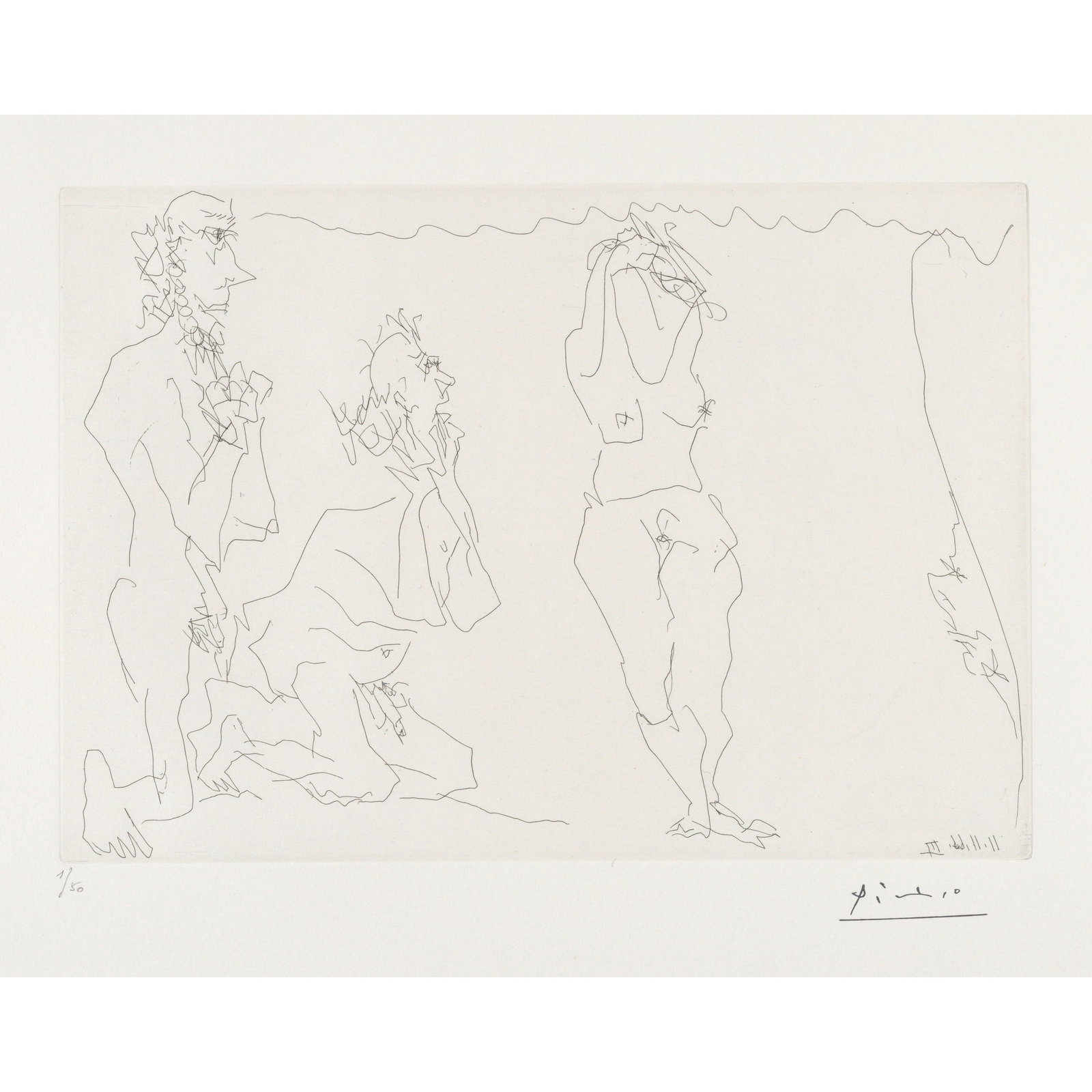 Pablo Picasso (1881-1973); Three Old Men Admiring Nude;: Pablo Picasso (1881-1973) Three Old Men Admiring Nude (Bloch 1409; Baer 1424), 1966 Etching on Rives BFK paper, with the artist's stamped signature and numbered in pencil 1/50 (there were also 17 arti